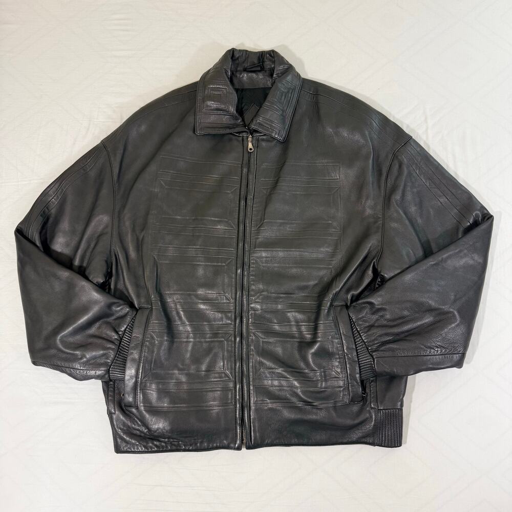 Vintage Gentleman's Club Leather Bomber Jacket Large L Black Italian Made 80s